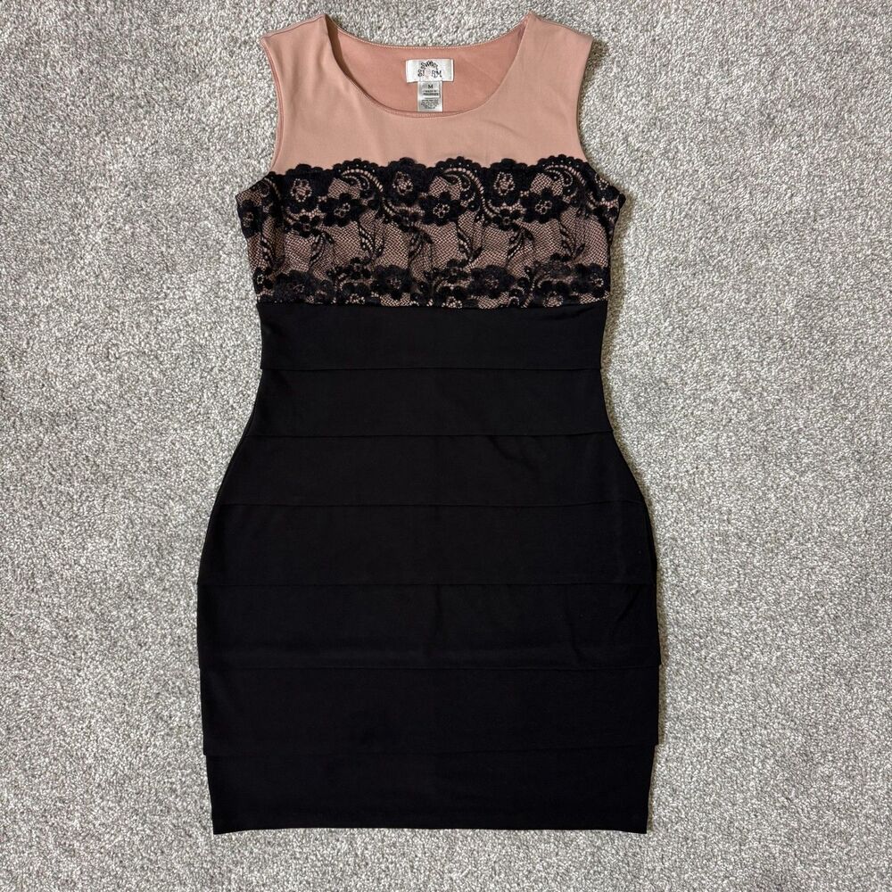 Sweet Storm Dress Womens Medium Black Mauve Lace Panel Bodycon Sleeveless